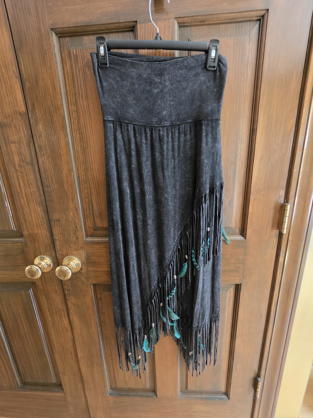 Pat Dahnke Sz M. Asymmetrical Black Fringe Maxi Skirt with Teal Tassel Accents